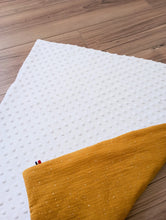 Load image into Gallery viewer, Mustard cotton gauze blanket and gold polka dots
