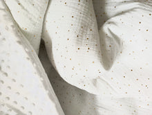 Load image into Gallery viewer, Blanket in white cotton gauze and gold polka dots
