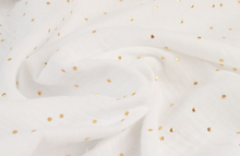 Load image into Gallery viewer, Blanket in white cotton gauze and gold polka dots
